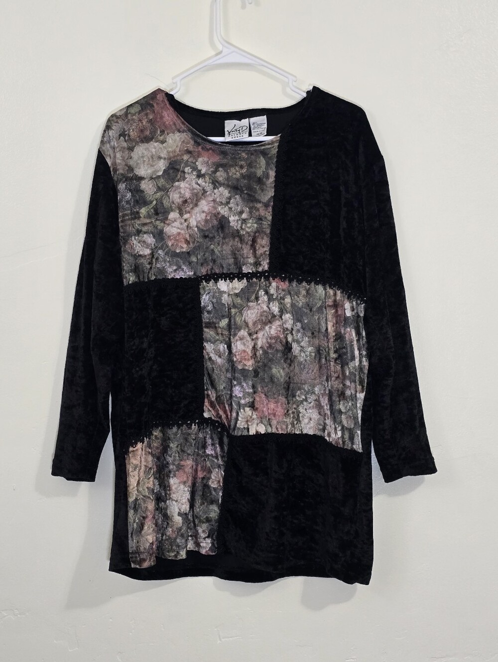 Kathryn Deene Vtg 90s Black Velvet And Floral Patchwork Long Slv Tunic XL Goth